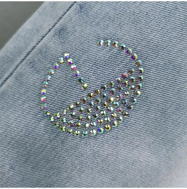 High waisted Jeans For Summer 2026 New Loose Elastic waist Hot pressed Diamond Pants Women's Casual Denim Trousers