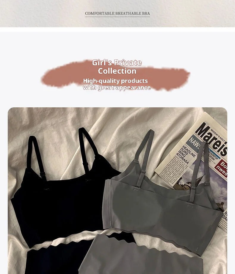 Seamless Scalloped Edge Bra and Panty Set for Women, Gray Black White Skin-Friendly Wireless Comfortable Lingerie Set
