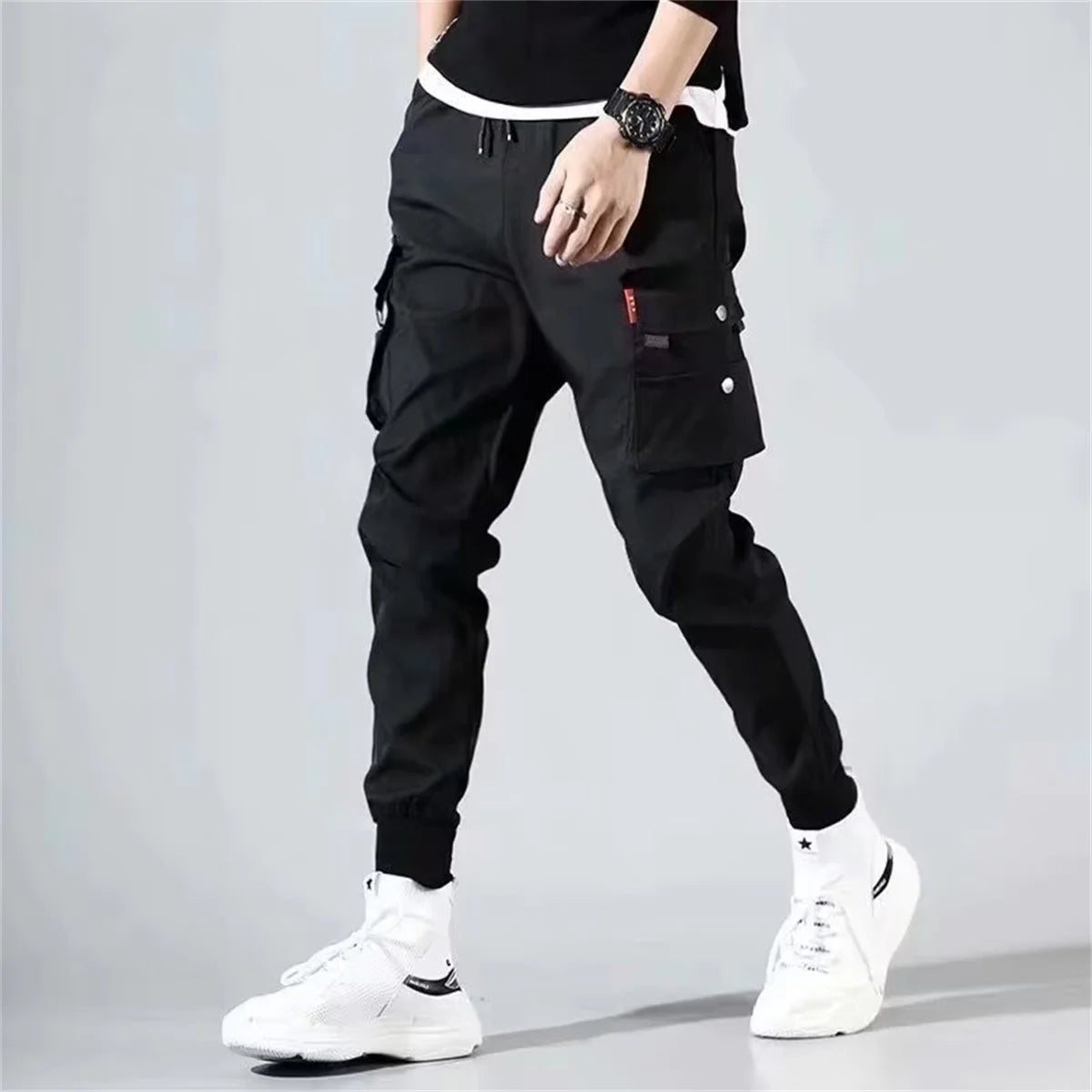 2025 Trendy Solid Color Pants, Multi Flap Pocket Men's Cargo Pants, Loose Casual Outdoor Hip Hop Pants, Men's Black Work Pants