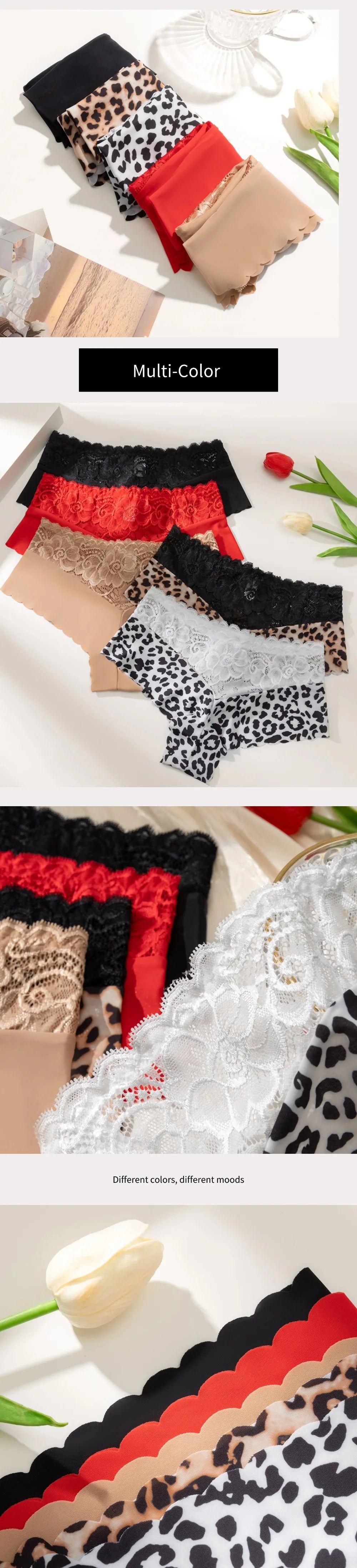 Women's 3-Piece Leopard Lace Panties Underwear Solid Color Knickers Set