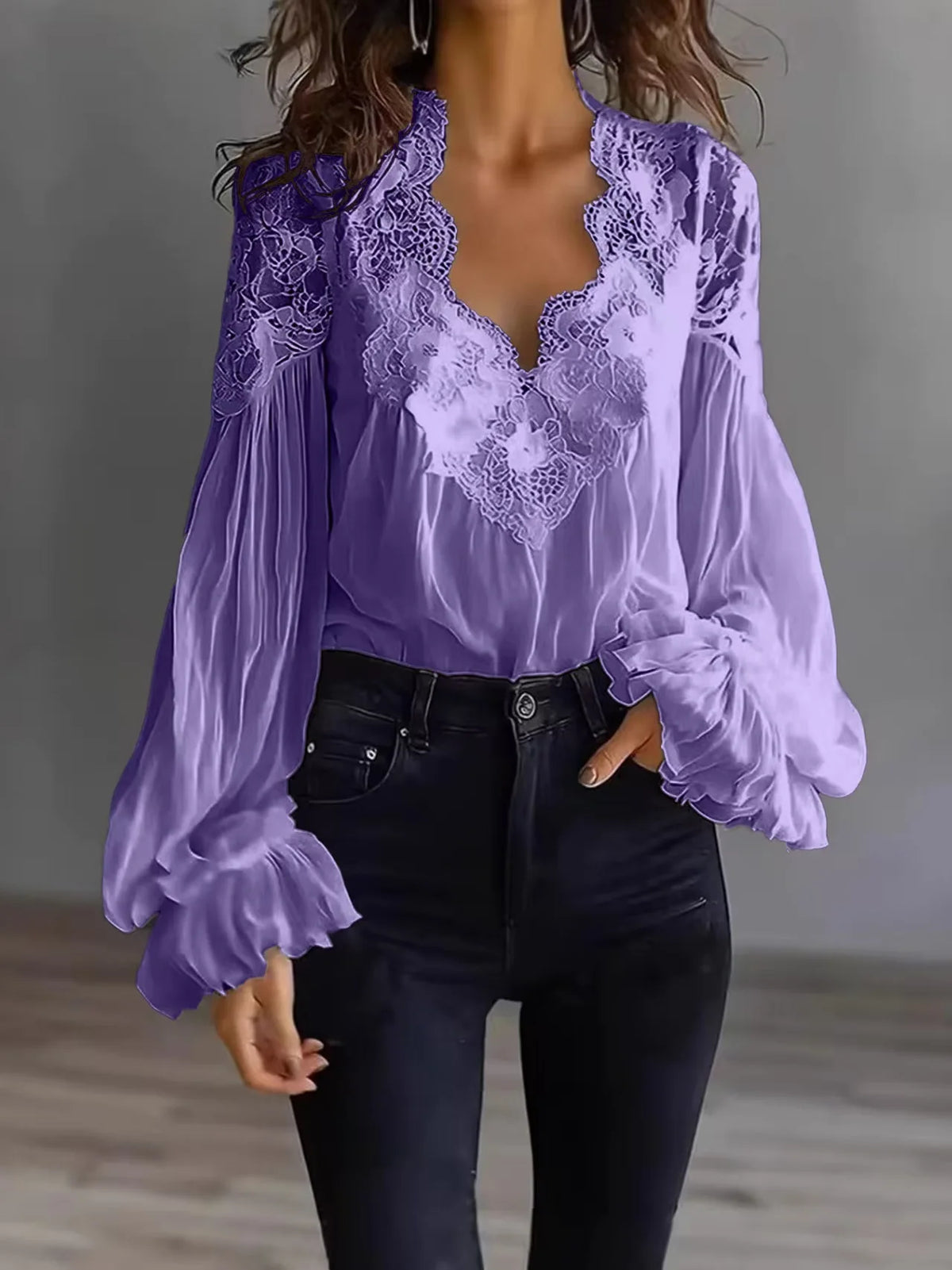 Women's Blouse Black White Elegant V-Neck Lace Splicing Lantern Sleeve Solid Blouse Office Chic Shirt