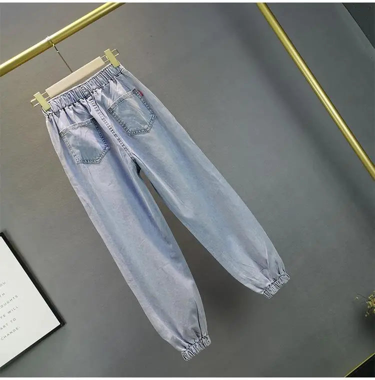 High waisted Jeans For Summer 2026 New Loose Elastic waist Hot pressed Diamond Pants Women's Casual Denim Trousers