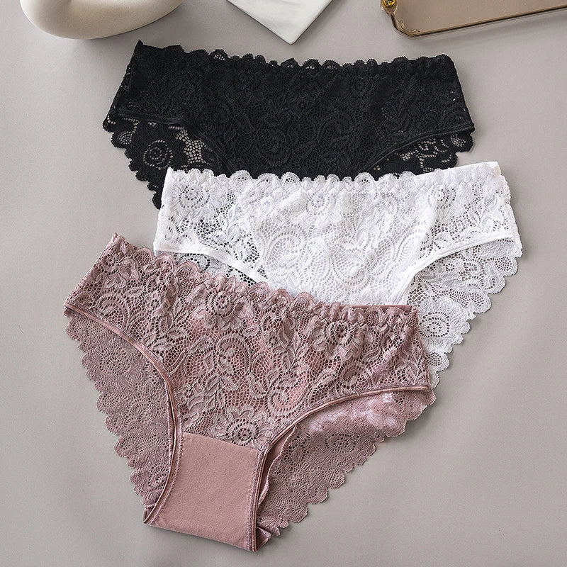 3PCS/Set Luxury Floral Embroidery Lace Panties Women's Briefs Breathable Underwear
