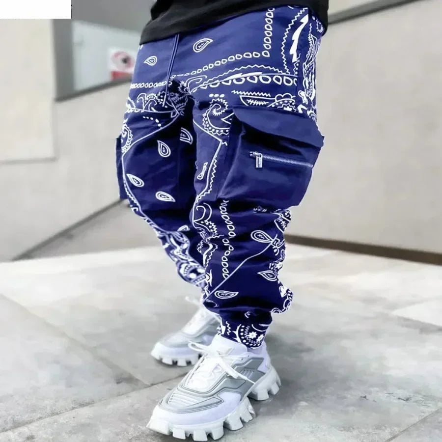 New Men's Cargo Pants Trend Printed Loose Hip Hop Fashion Street Wear Big Pocket Overalls Men Bright Color Four Seasons Trousers
