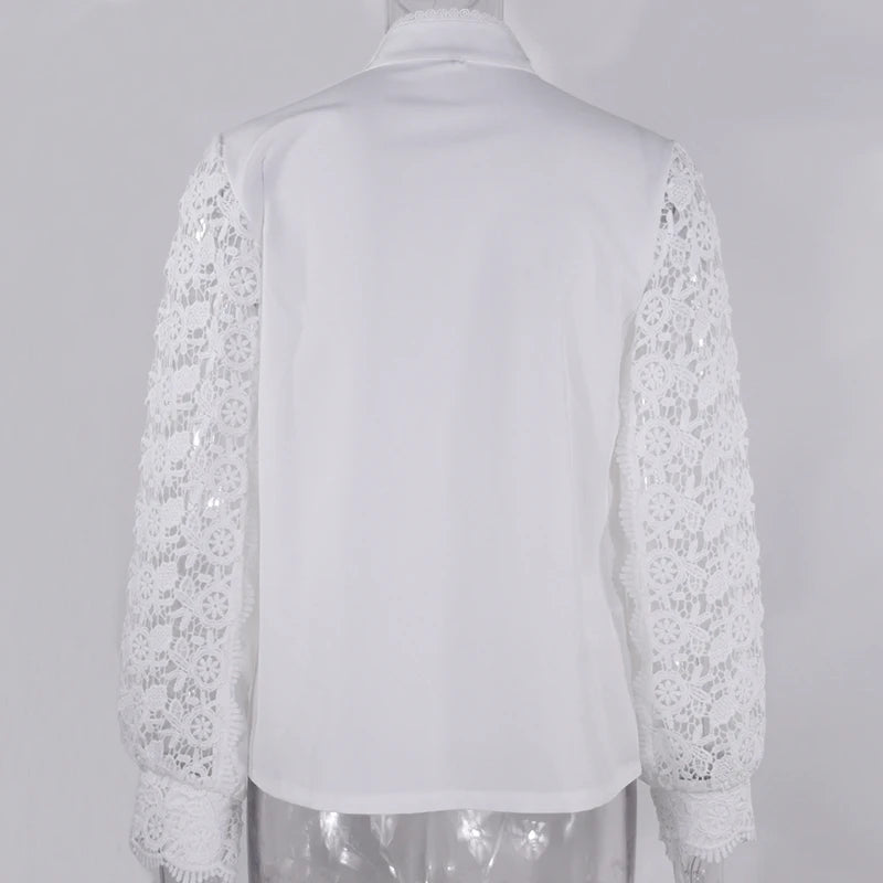 Women Elegant Embroidery Lace Blouse Shirt 2021 Spring Casual Long Sleeve Stand Collar Tops Office Lady Solid Color Blouse