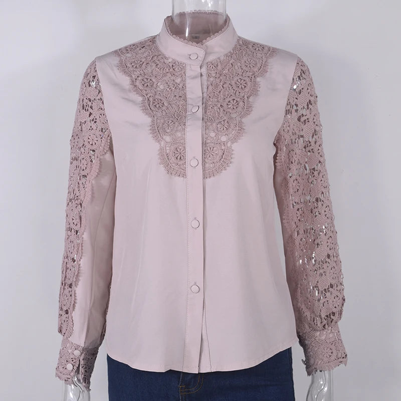 Women Elegant Embroidery Lace Blouse Shirt 2021 Spring Casual Long Sleeve Stand Collar Tops Office Lady Solid Color Blouse
