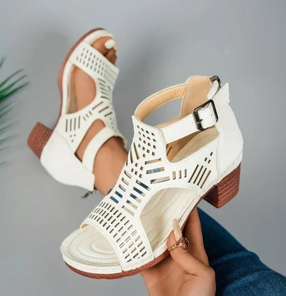 Sandals for Women 2026 New Thick Heeled Sandals Summer Breathable Hollow Out Sandals for Women Retro High Heels Roman Sandalias