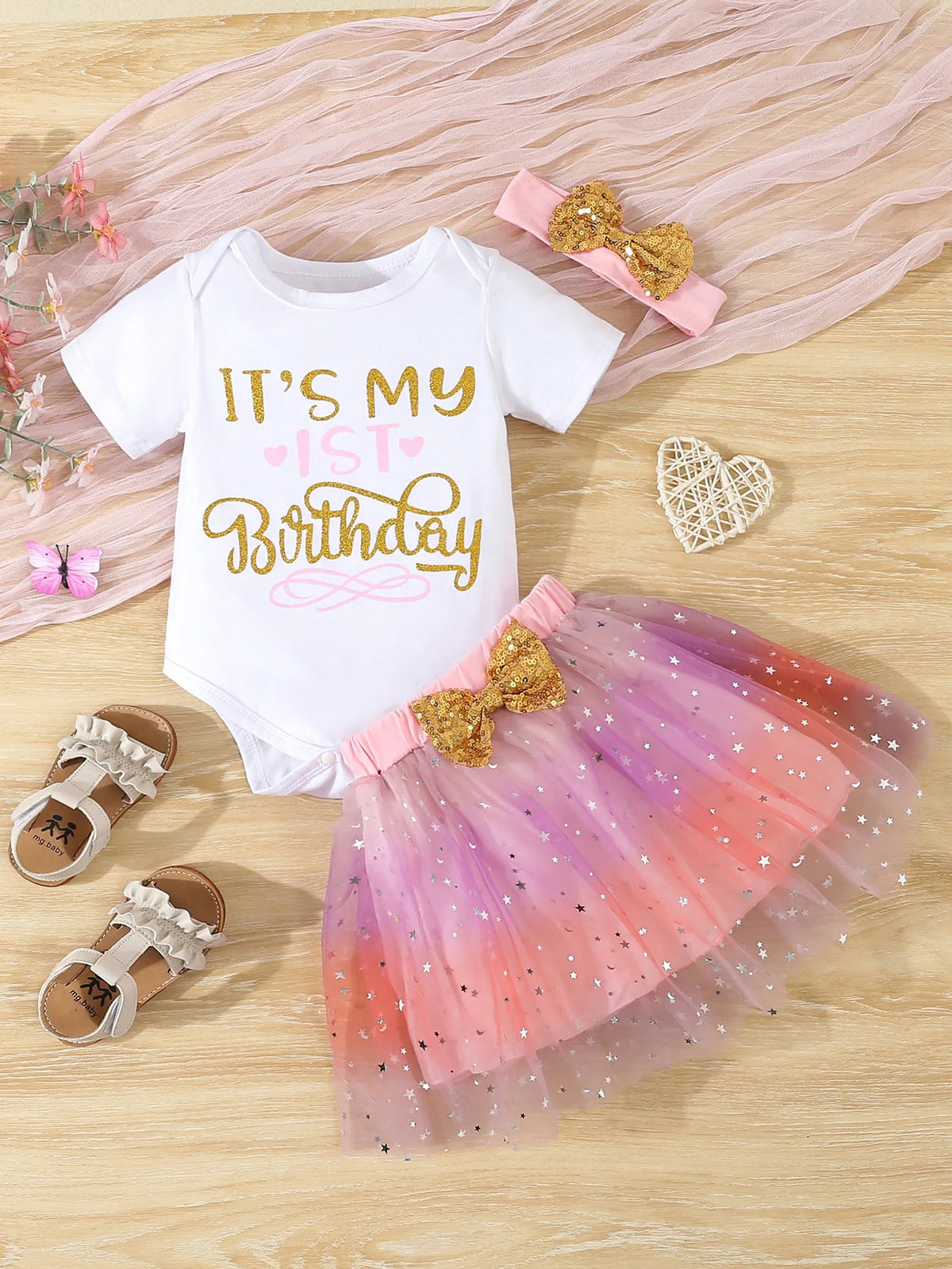 Baby Girl Clothes Cute 1st Birthday Print Outfit Bodysuit Sequin Bowknot Mesh Tutu Skirt 3Pcs Toddler Girls Clothing Set