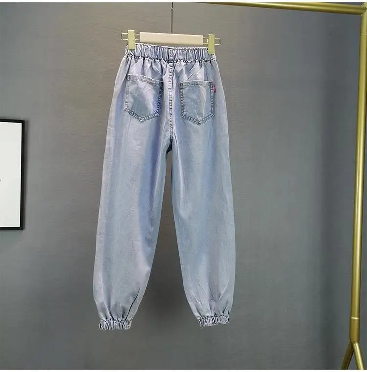 High waisted Jeans For Summer 2026 New Loose Elastic waist Hot pressed Diamond Pants Women's Casual Denim Trousers
