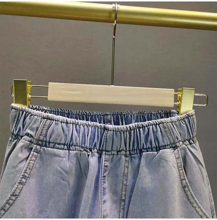 High waisted Jeans For Summer 2026 New Loose Elastic waist Hot pressed Diamond Pants Women's Casual Denim Trousers