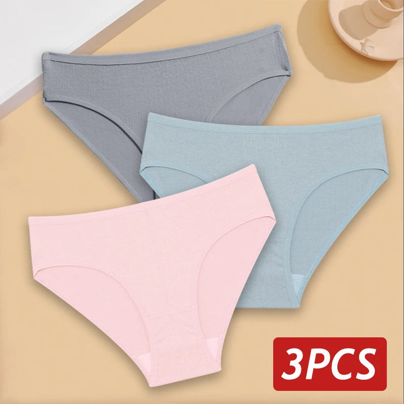 3PCS/Set Cotton Panties Women's Briefs Jacquard Design Solid Color Underpants S-XL