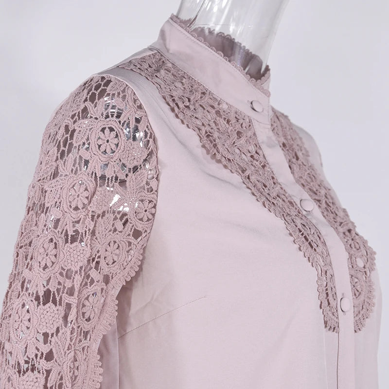 Women Elegant Embroidery Lace Blouse Shirt 2021 Spring Casual Long Sleeve Stand Collar Tops Office Lady Solid Color Blouse