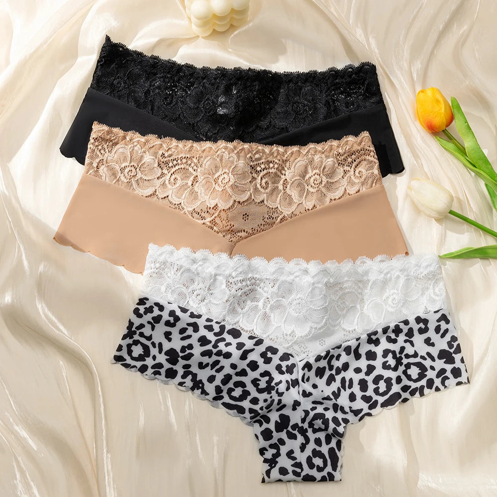 Women's 3-Piece Leopard Lace Panties Underwear Solid Color Knickers Set
