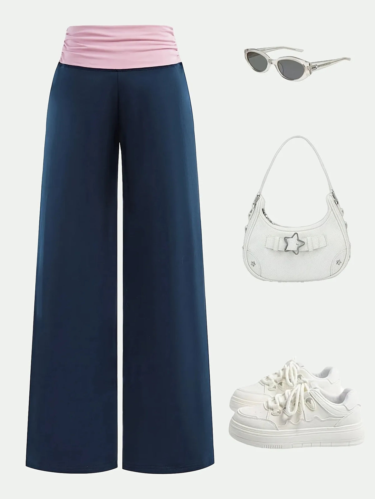 Trendy Girls Fold over Waist Flare Pants, Navy Blue & Pink Color Block Wide Leg Trousers for Daily & Y2K Style