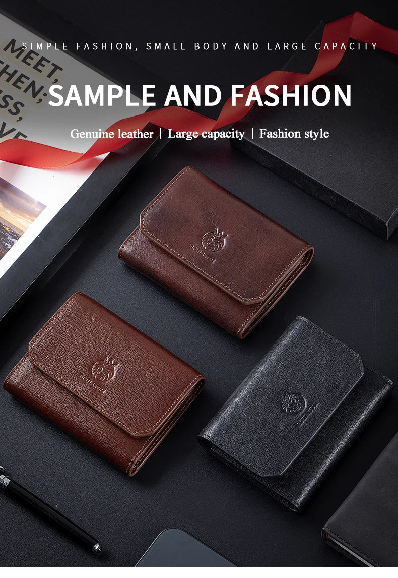 Genuine Leather Wallet for Men Minimalist Tri-Fold Purse with RFID Protection Zipper Coin Pocket Credit Card Slots
