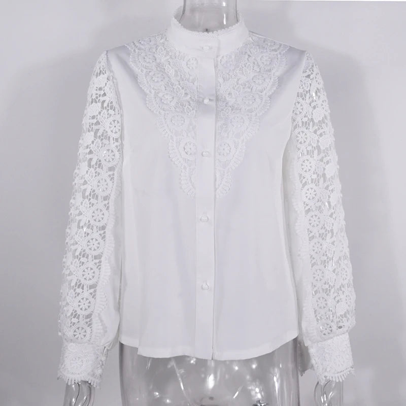 Women Elegant Embroidery Lace Blouse Shirt 2021 Spring Casual Long Sleeve Stand Collar Tops Office Lady Solid Color Blouse