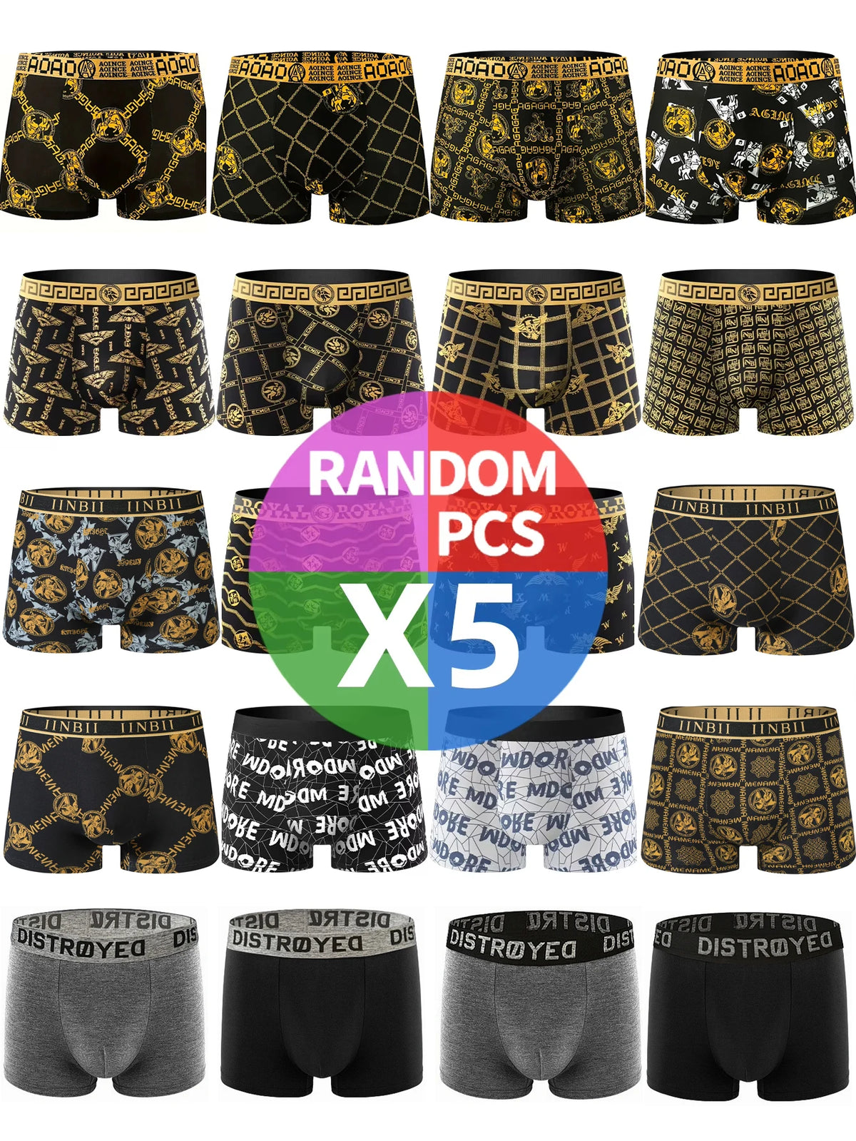 5 Pieces of Men's Boxer Briefs, Black Gold Random Soft, Breathable, Comfortable Skin-friendly Four Seasons Hot Men's Underwear