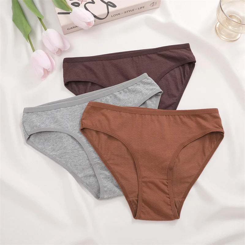 3PCS/Set Cotton Panties Women's Briefs Jacquard Design Solid Color Underpants S-XL