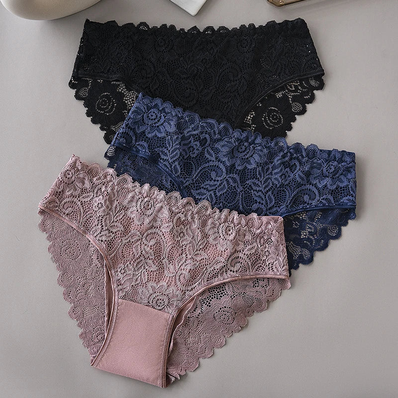 3PCS/Set Luxury Floral Embroidery Lace Panties Women's Briefs Breathable Underwear