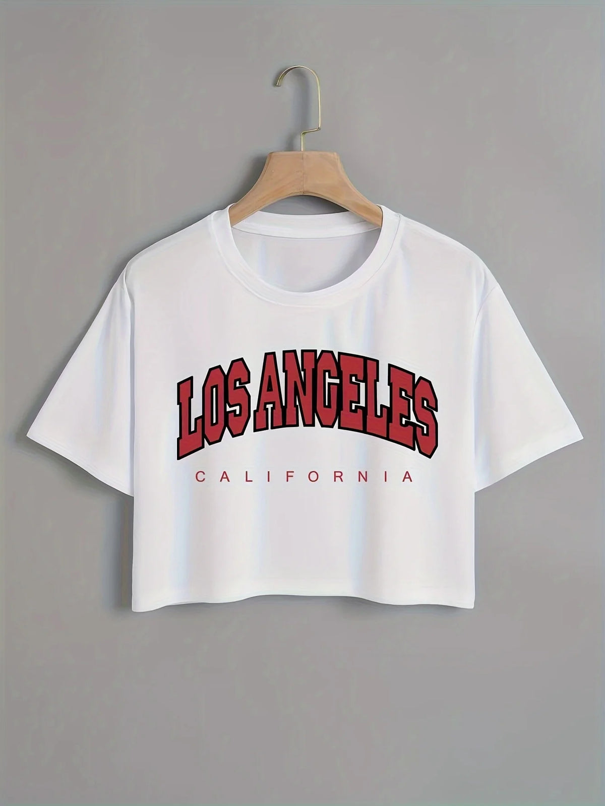 Chic Women's Crop Top with Trendy Letter LOS ANGELES Print Crew Neck Short Sleeve Cropped T-Shirt 90s Style