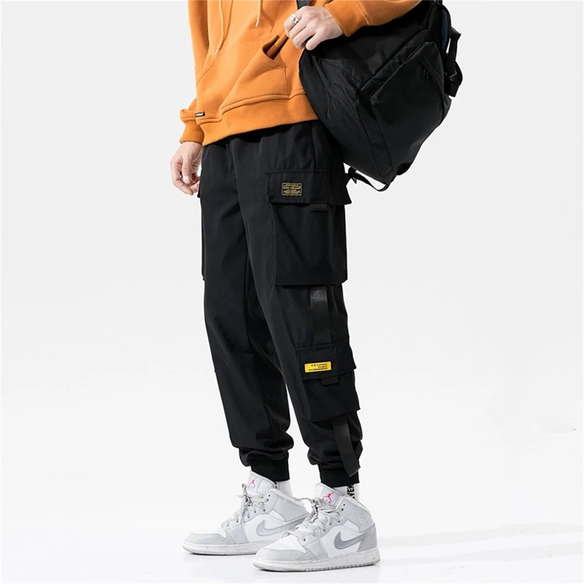 2025 Trendy Solid Color Pants, Multi Flap Pocket Men's Cargo Pants, Loose Casual Outdoor Hip Hop Pants, Men's Black Work Pants