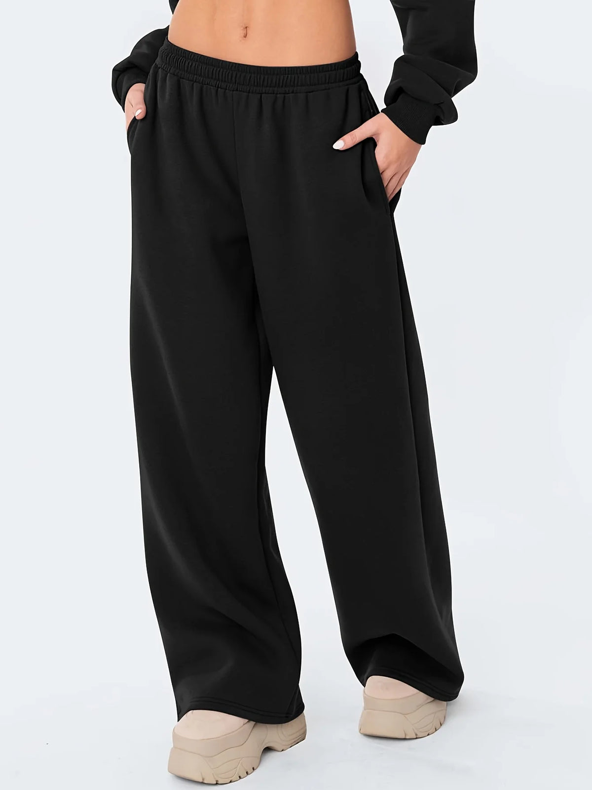 Women's wide leg casual pants are warm and comfortable. Winter solid color casual pants are loose fit