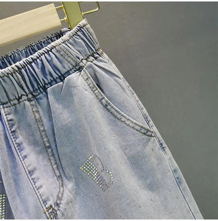 High waisted Jeans For Summer 2026 New Loose Elastic waist Hot pressed Diamond Pants Women's Casual Denim Trousers