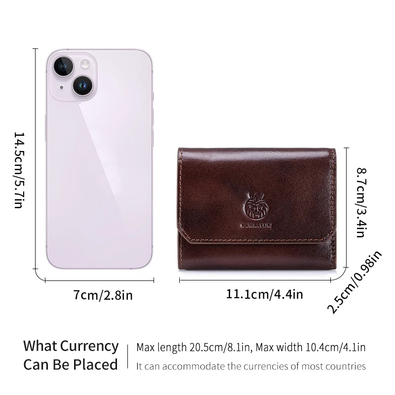 Genuine Leather Wallet for Men Minimalist Tri-Fold Purse with RFID Protection Zipper Coin Pocket Credit Card Slots