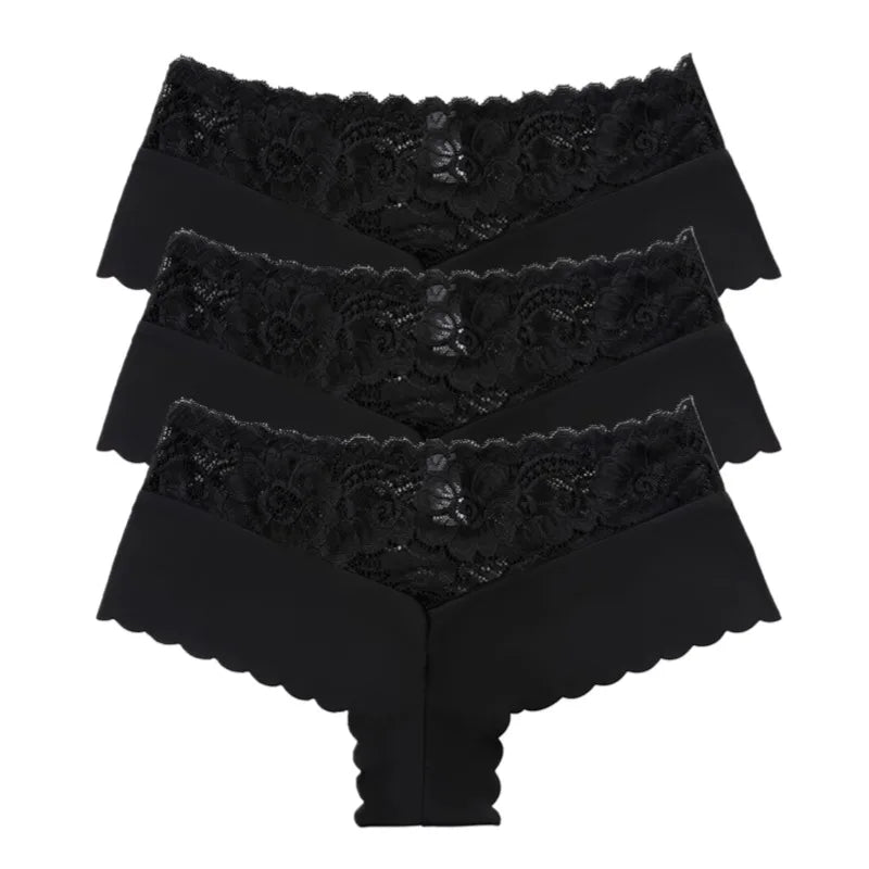Women's 3-Piece Leopard Lace Panties Underwear Solid Color Knickers Set