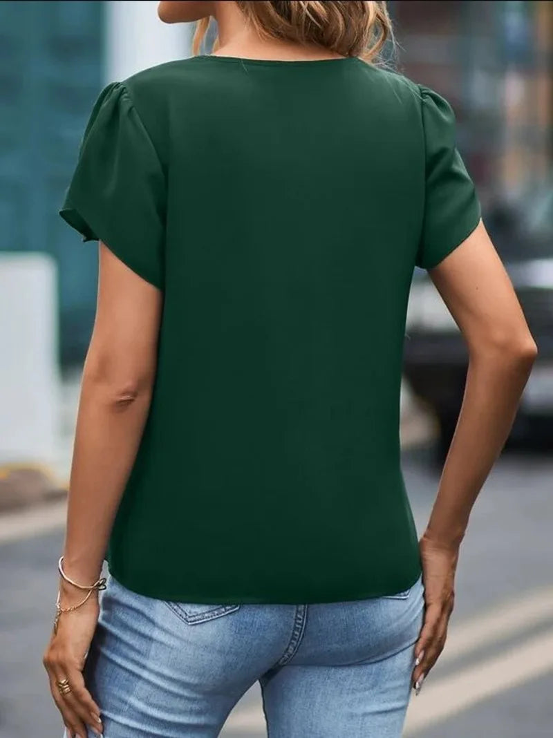 Elegant Women Blouse 2023 Summer Solid Short Sleeve Red Shirt Hollow Lace Panel Female Office Social Chiffon Blouses And Shirts