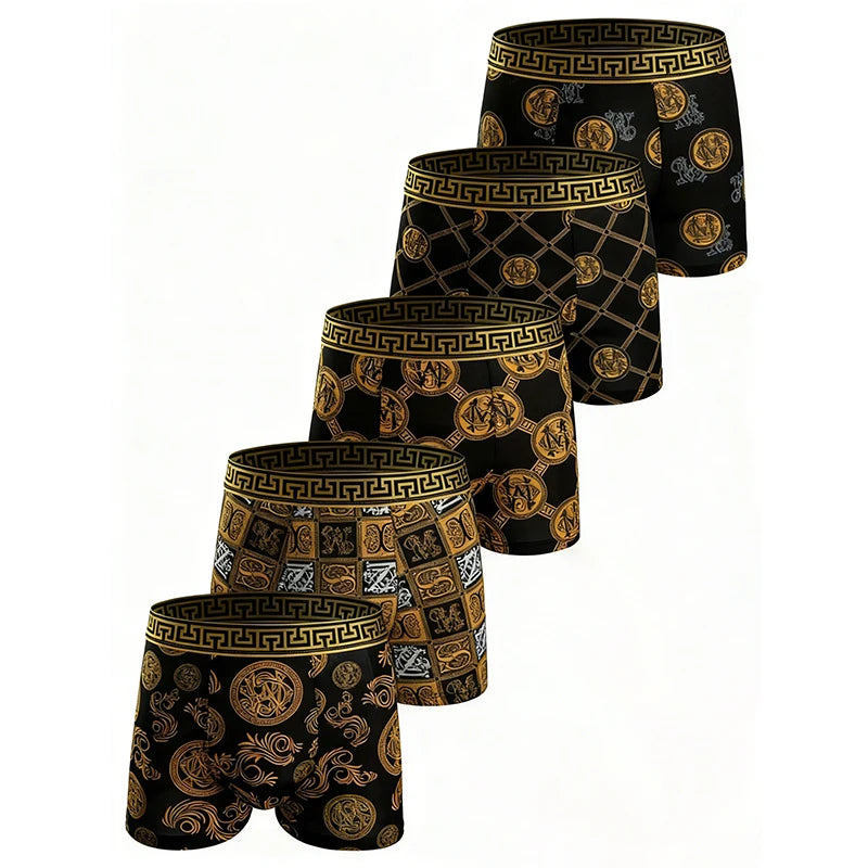 Men Boxer Briefs 5Pcs Pack Luxury Fashion Pattern Polyester Soft Durable Breathable Comfortable Underwear For Daily Casual Wear