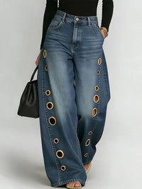 New jeans for women, metal eyelet design, casual loose high-waisted wide-leg jeans
