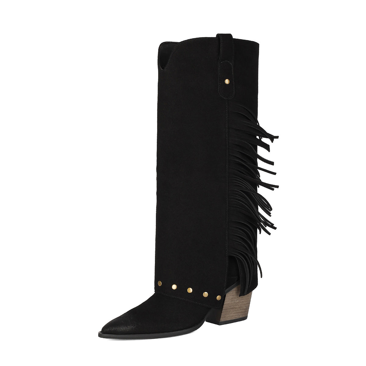 Fall Winter Western Boots for Women, Chunky High Heel, Pointed Toe, Tall Boot with Studs and Fringe Made to order, ships in 7 days