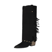 Fall Winter Western Boots for Women, Chunky High Heel, Pointed Toe, Tall Boot with Studs and Fringe Made to order, ships in 7 days