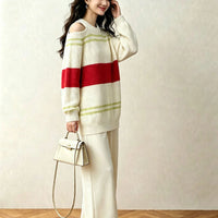 Round neck striped versatile contrasting simple knit sweater