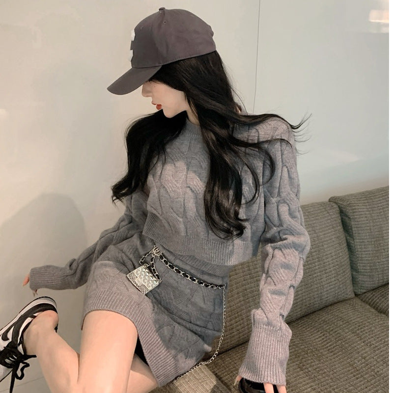 Cable Knit Sweater Set Lazy Style Thickened Dress for Women Fitted Long Sleeve High Waist Bodycon Mini Skirt Two-Piece Set