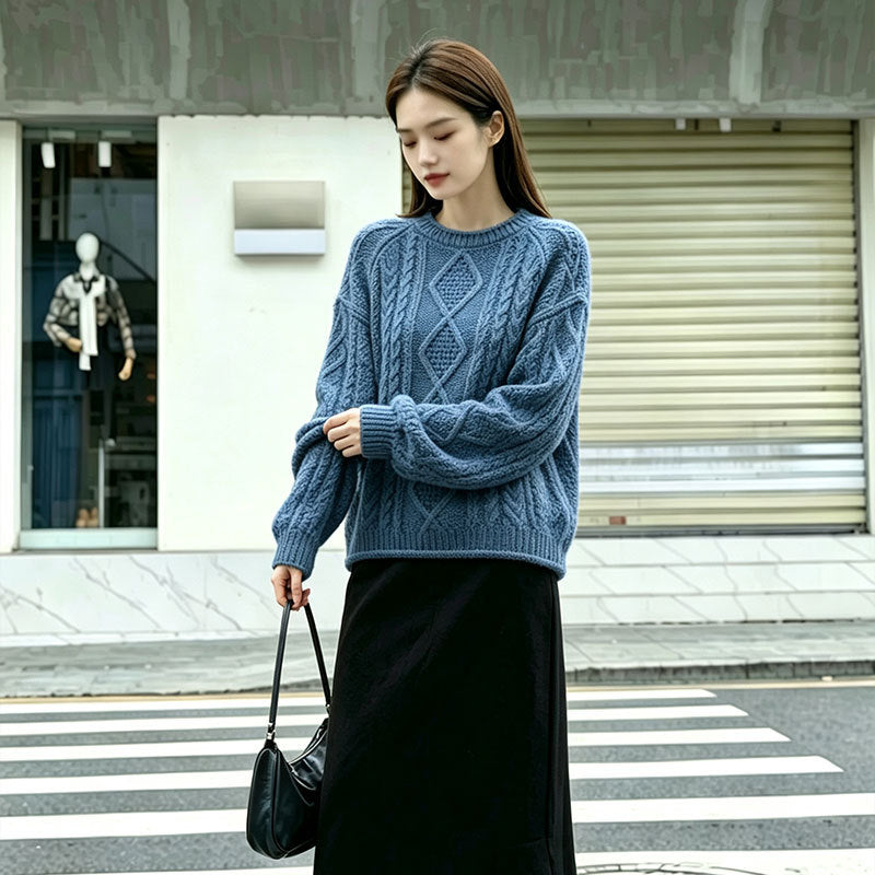 Round neck Fried Dough Twists stripe versatile solid simple knitwear