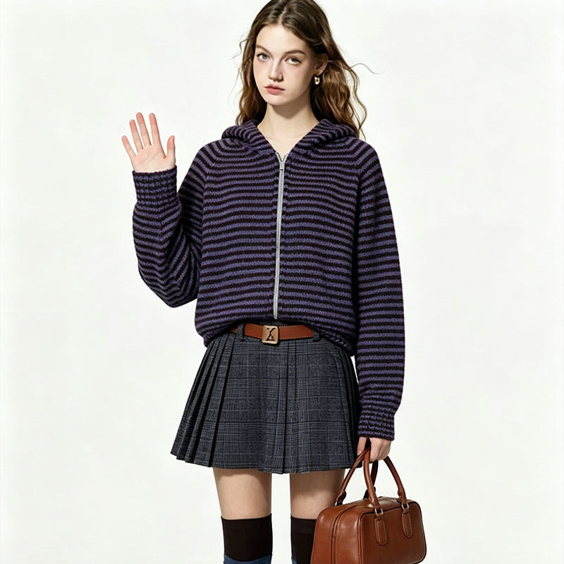 Striped versatile lazy style loose cardigan hooded knit sweater