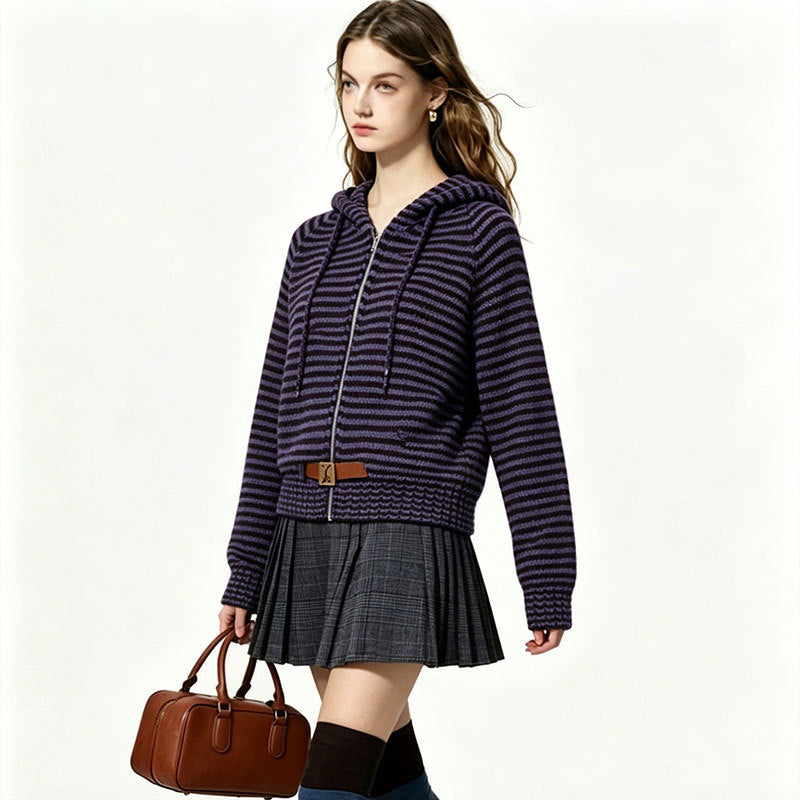 Striped versatile lazy style loose cardigan hooded knit sweater