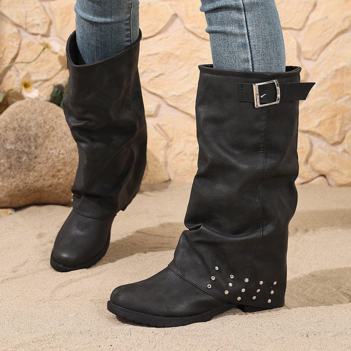 High Heel Boots Women Round Toe  Pleated Women's Knight Western Boots Women Bamboo Joint Mid-Calf Copper Buckle Western Fashion Tassel Boots