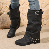 High Heel Boots Women Round Toe  Pleated Women's Knight Western Boots Women Bamboo Joint Mid-Calf Copper Buckle Western Fashion Tassel Boots