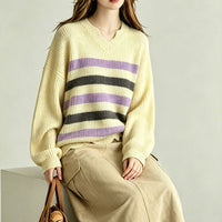 V-neck striped versatile contrasting simple knit sweater