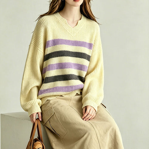 V-neck striped versatile contrasting simple knit sweater