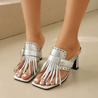 Spring New Style Outdoor Sandals with Studs and Fringes, Square Toe, Adjustable Belt Buckle Open-Toe Leather Slides Made to order, ships in 7 days