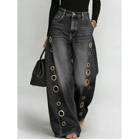 New jeans for women, metal eyelet design, casual loose high-waisted wide-leg jeans
