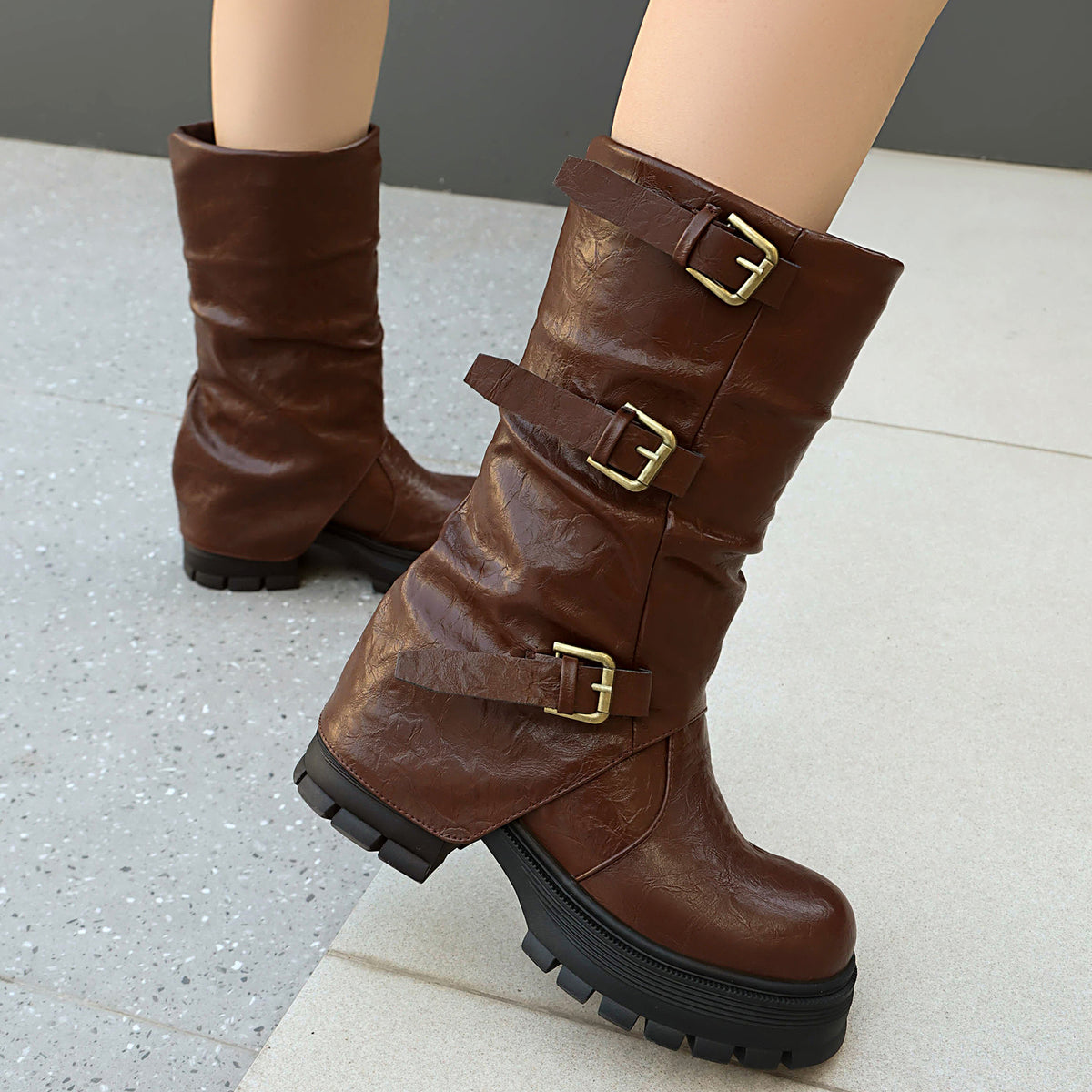 Thick Heel High Heel Women's Short Boots with Belt Buckle Slip-On Tube Boots