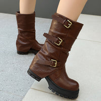 Thick Heel High Heel Women's Short Boots with Belt Buckle Slip-On Tube Boots