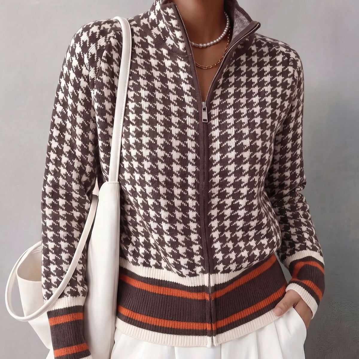 Chic Houndstooth Zip-Up Knit Cardigan for Women, Stand Collar, Color-Blocking, Slim Fit, Autumn/Winter Fashion Sweater Coat