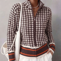 Chic Houndstooth Zip-Up Knit Cardigan for Women, Stand Collar, Color-Blocking, Slim Fit, Autumn/Winter Fashion Sweater Coat