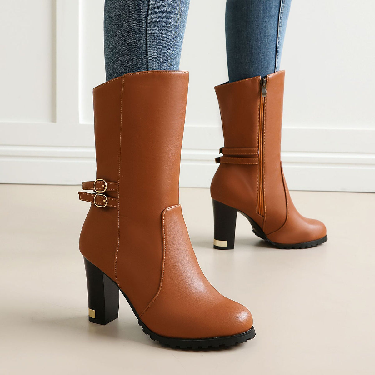 Fashion High-Heeled Mid-Calf Boots for Women, Solid Color with Side ZipperTrendy Autumn/Winter Style Made to order, ships in 7 days